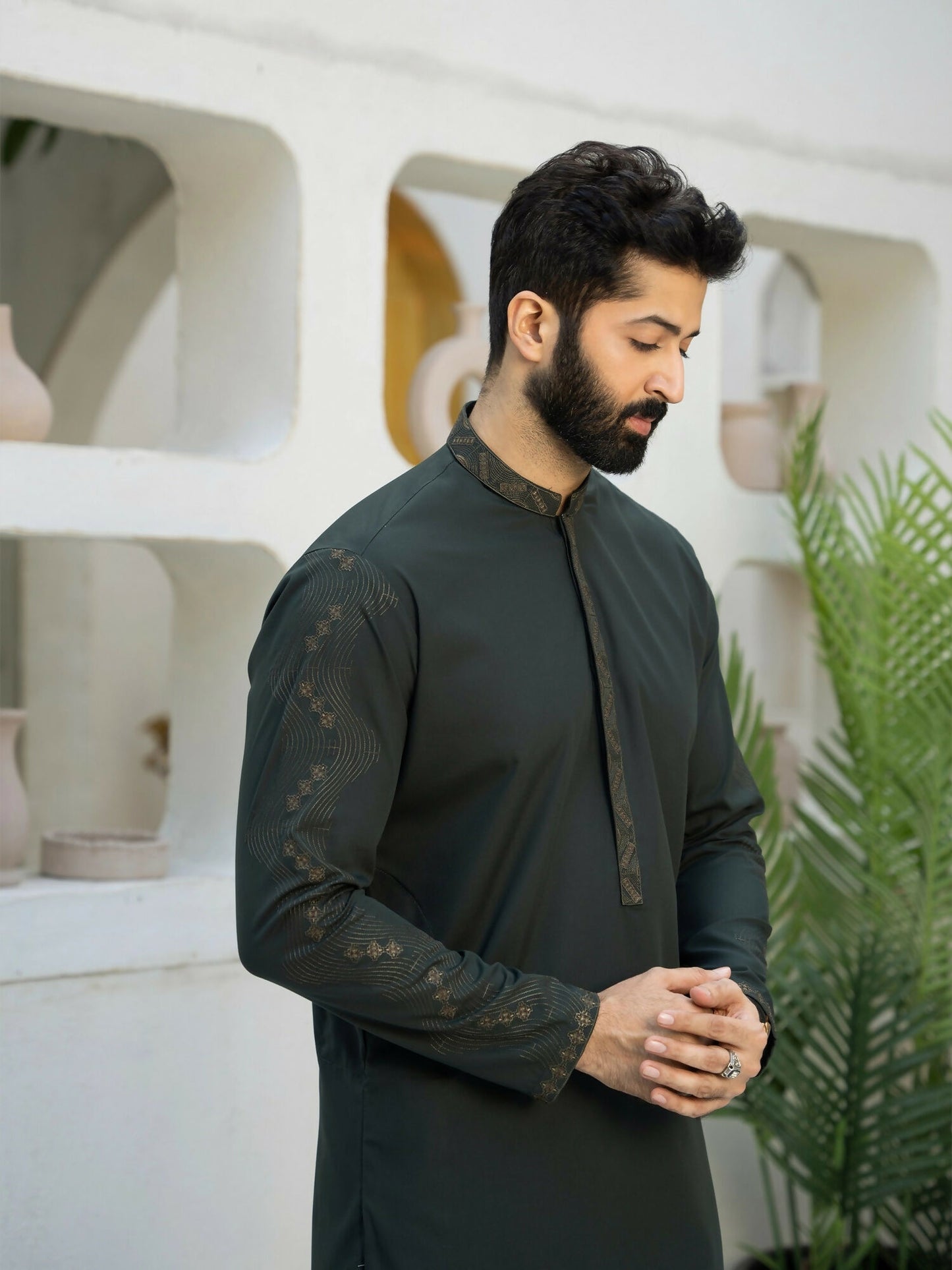Fabrich Men Wash & Wear Embroidered Unstitched Shalwar Kameez-Phthalo-Green