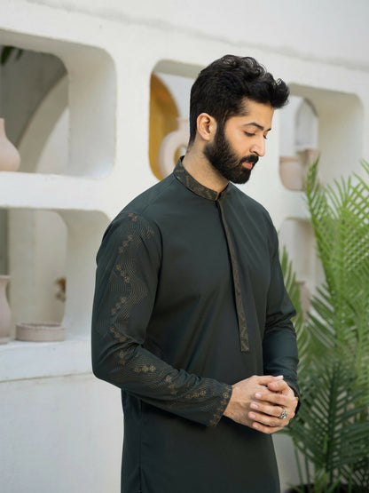 Fabrich Men Wash & Wear Embroidered Unstitched Shalwar Kameez-Phthalo-Green