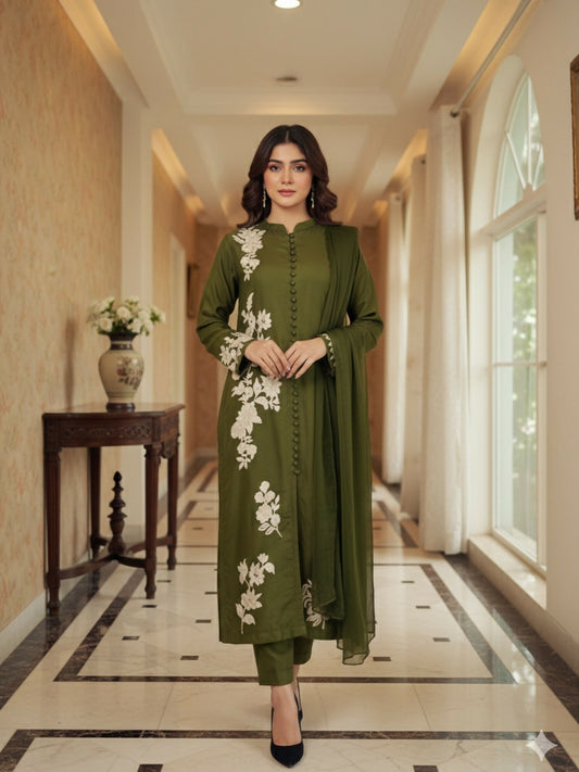 Zeephire Linen Embroidered Stitched 3-Piece Suit-Nia