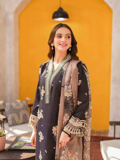 Panache Apparel Monochrome Tales Swiss Lawn Embroidered Stitched 3-Piece Suit-Midnight