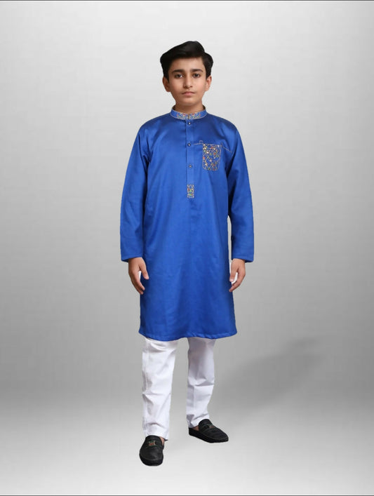Boy wearing embroidered stitched cotton kurta with white trouser, mandarin collar, full sleeves, and regular fit, ideal for festive and traditional occasions