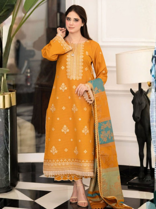 Tawakal Closet Dhanak Embroidered Stitched 3-Piece Suit-Golden Grace