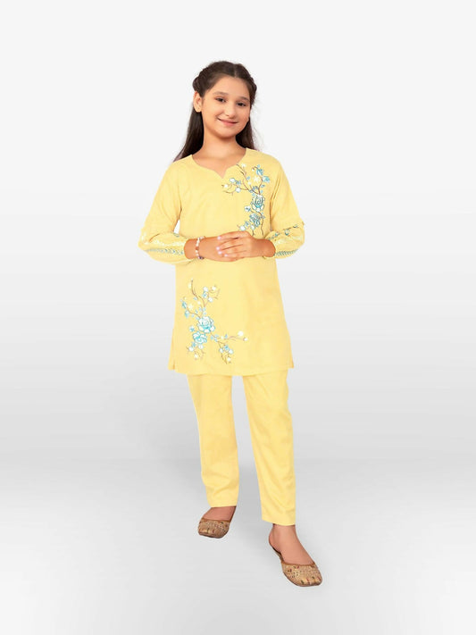 Light Yellow and Orange Velvour Girls Embroidered Stitched 2-Piece Suit-VG97-B