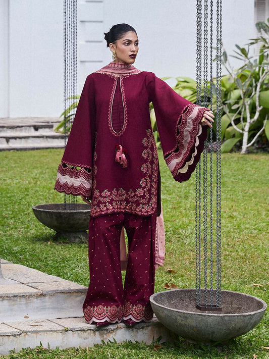 Deep maroon jacquard lawn shirt with bell sleeves, scalloped cotton shalwar with organza detailing, paired with a light pink embroidered lawn dupatta.