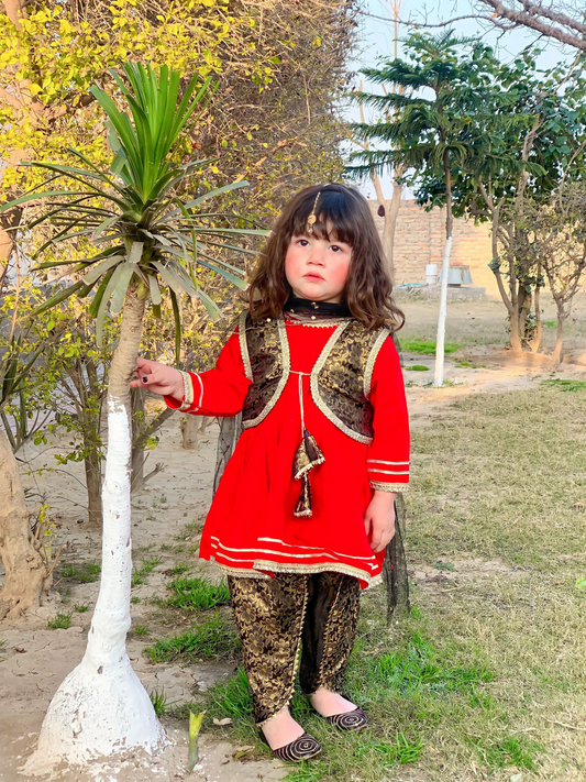 Kidoz Kloset Cotton Silk Stitched 4-Piece Suit-Lady Bug Dhoti Set