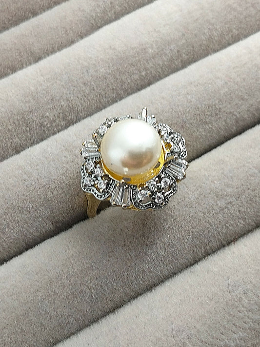 H&A Jewellery 18K gold polished pearl ring with real zircon diamonds, luxury gold ring for women, elegant pearl and diamond ring