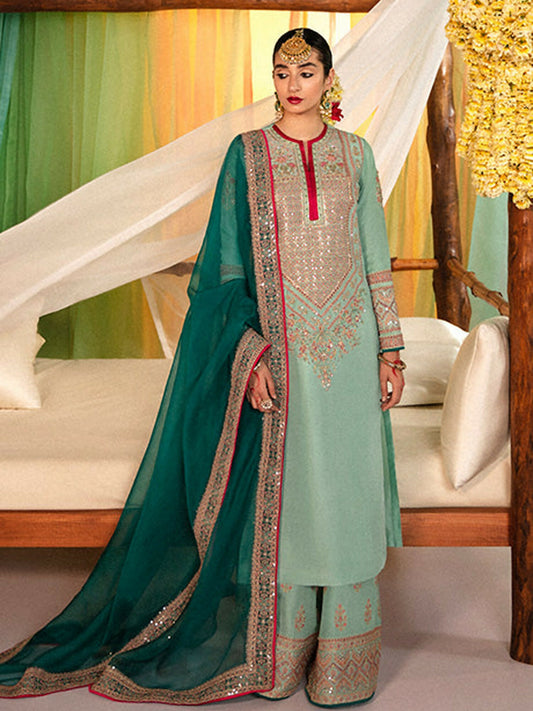 Hussain Rehar – Ice Blue Raw Silk Embroidered Shirt with Palazzo Pants and Zinc Organza Dupatta