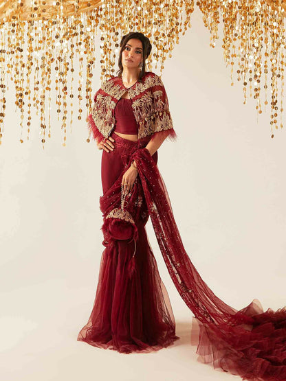 Shiza Hassan Aurora Formals Net Embellished Saree-Magma