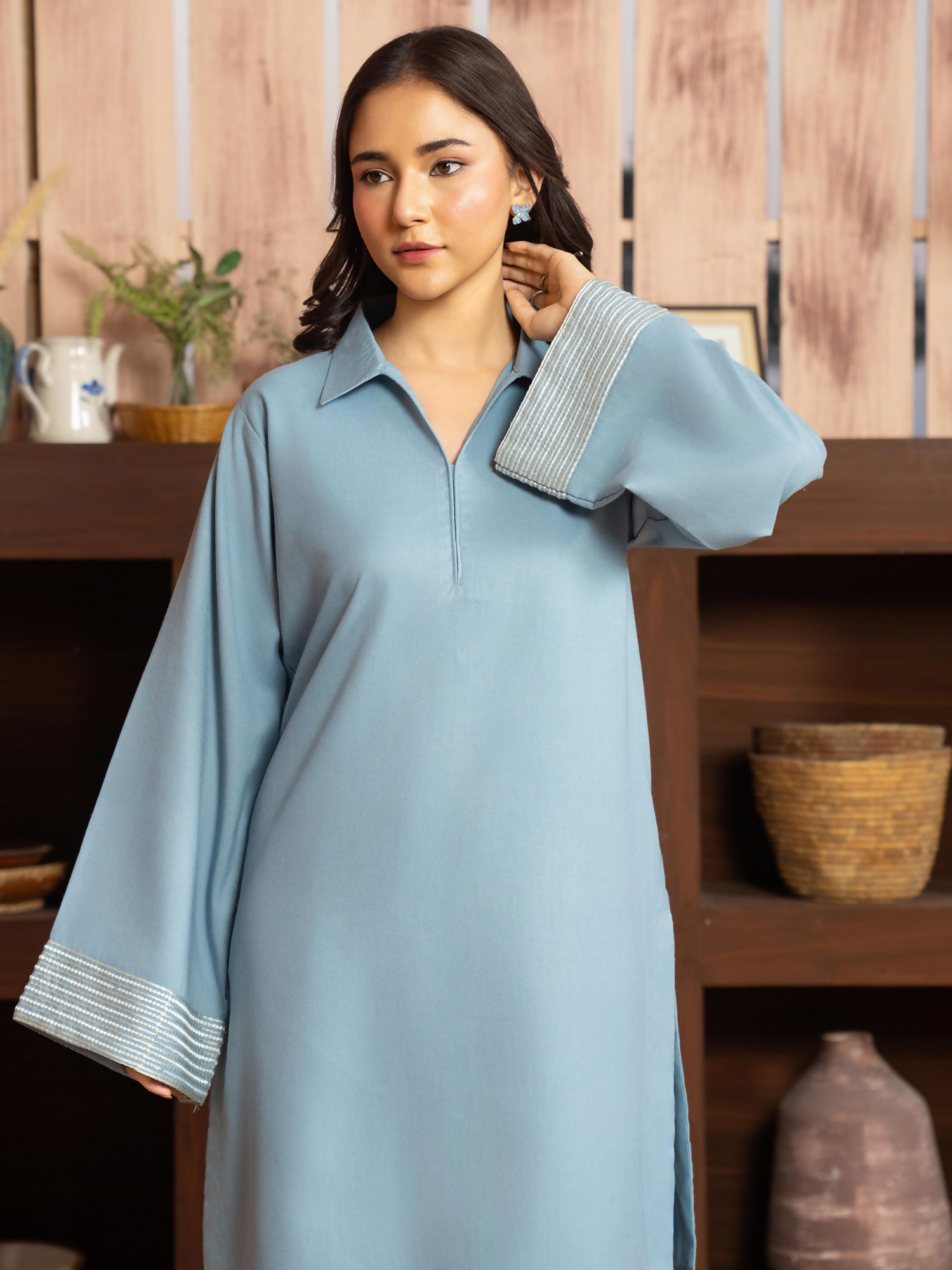 Panache Apparel Winter Core Linen Embroidered Stitched Suit-Bluff