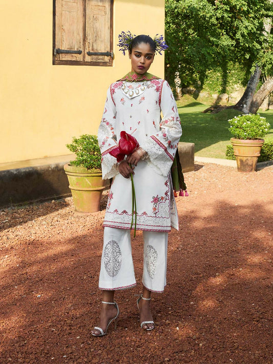 Jugnu by Hussain Rehar stitched 2-piece suit with embroidered shirt, culottes, and optional scarf.