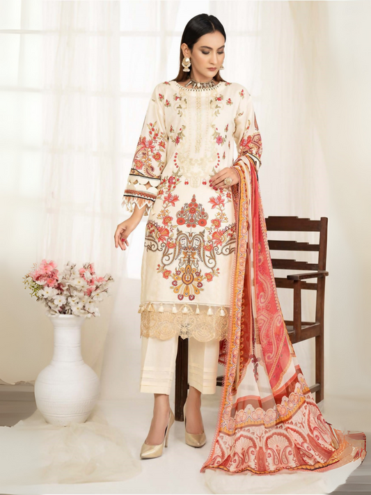 Cream and Red  Sitara Lawn Embroidered Unstitched 3-Piece Suit-129