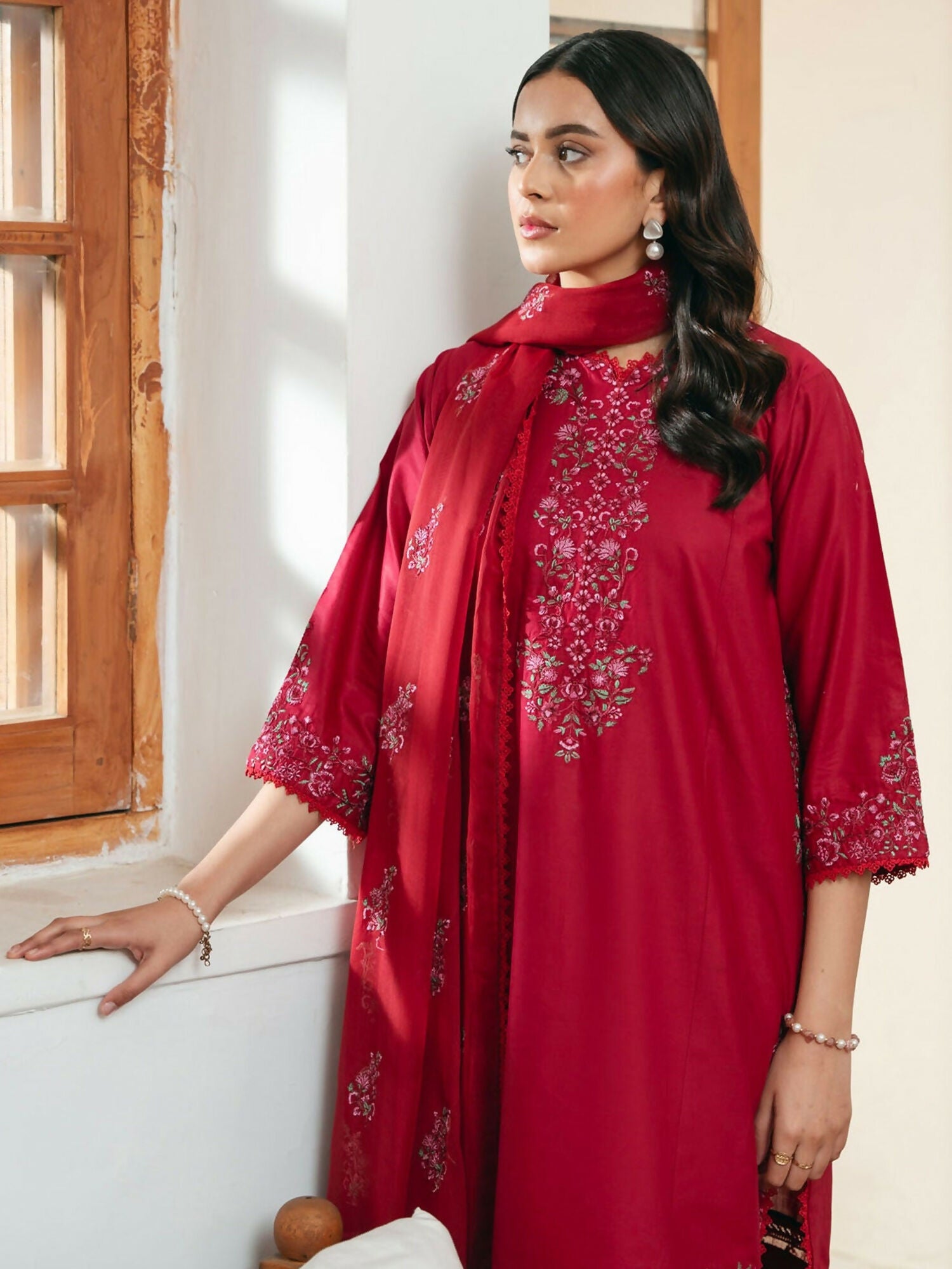 Mannat Clothing Lawn Embroidered Stitched Suit-Carmine