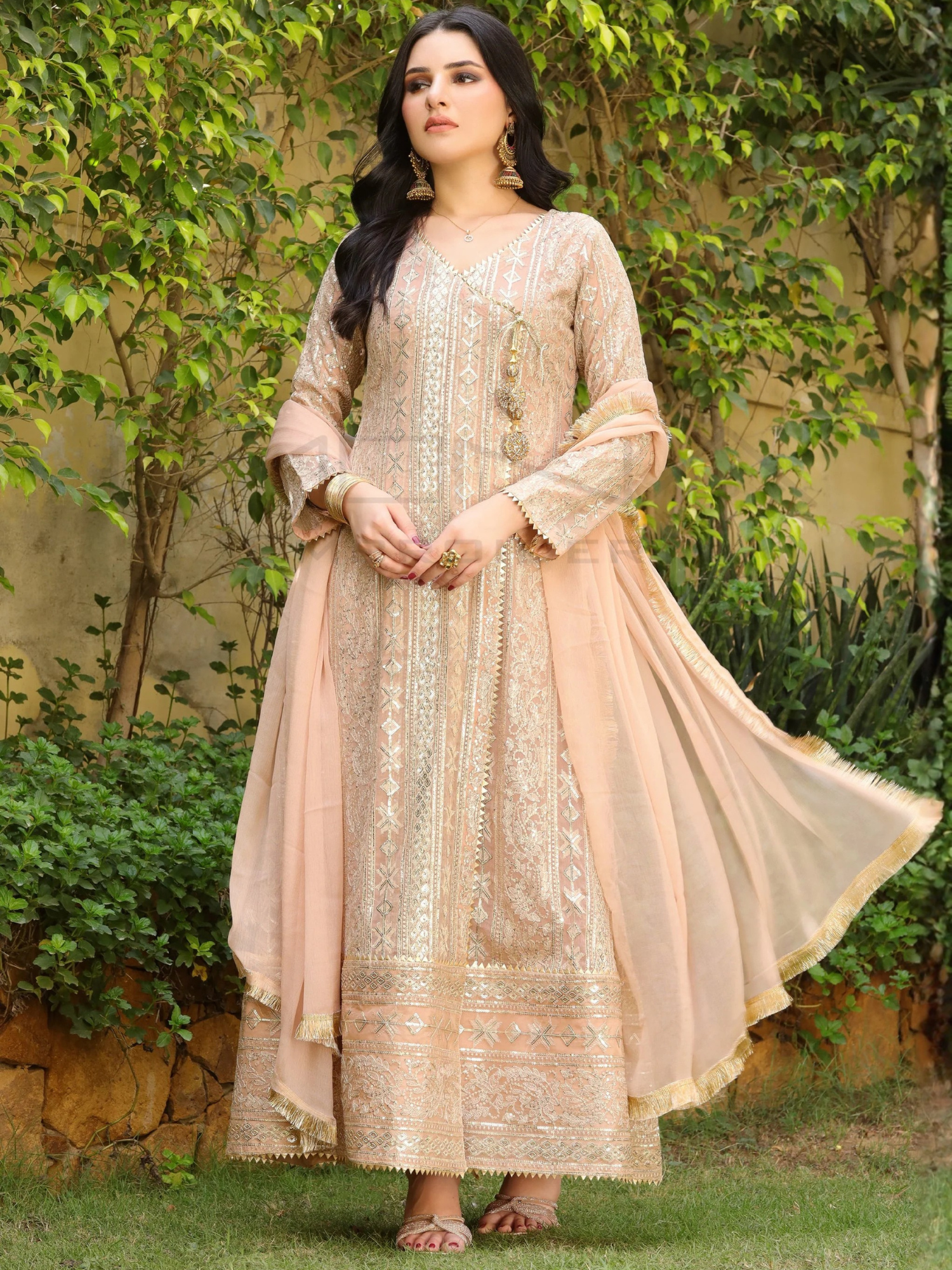 Peach Manahil Arts Chiffon Embroidered Stitched 3-Piece Suit-Kurti 122-Divine-Peach