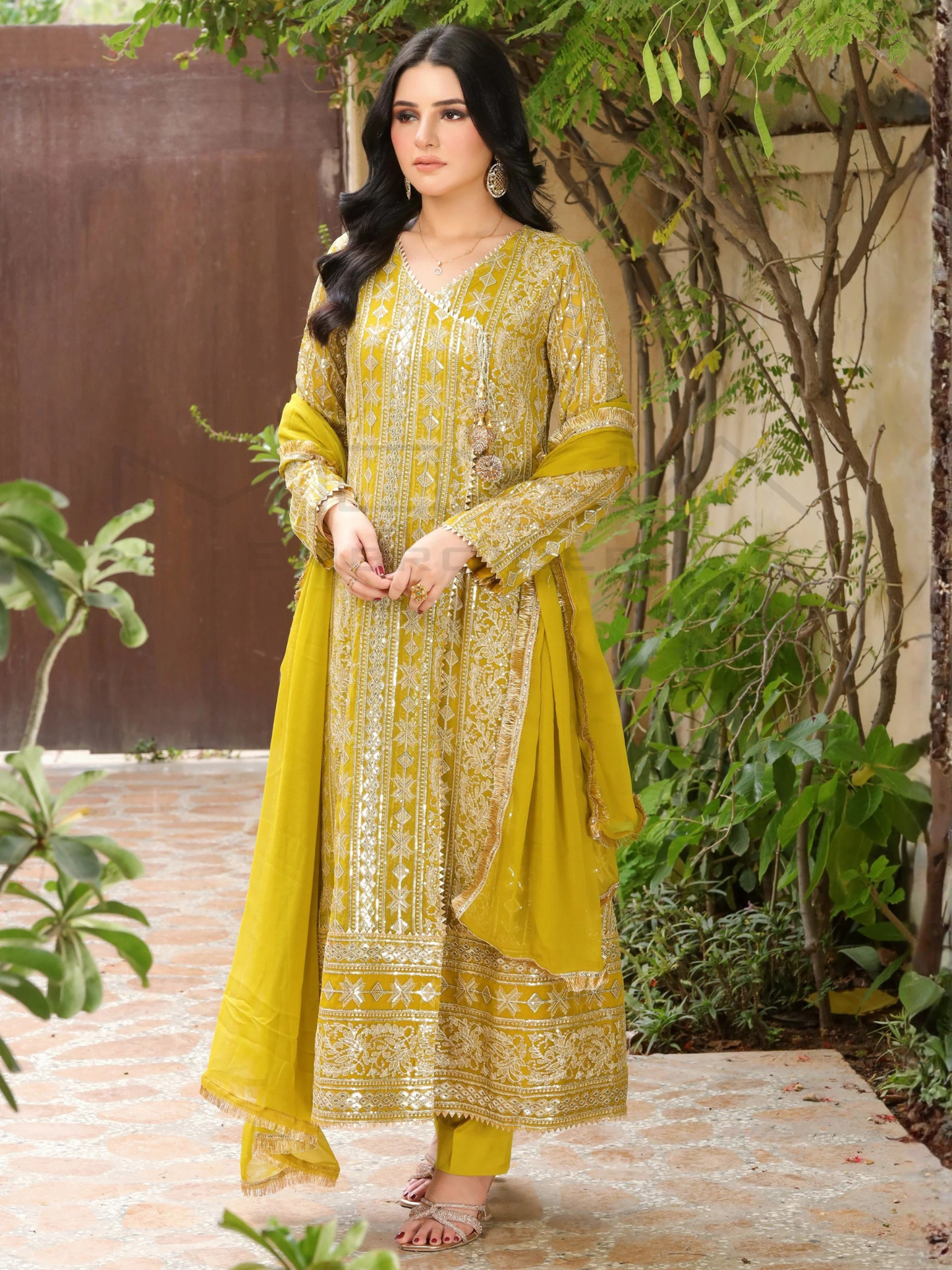 Manahil Arts Chiffon Embroidered Stitched 3-Piece Suit-Kurti 122-Divine-Mustard