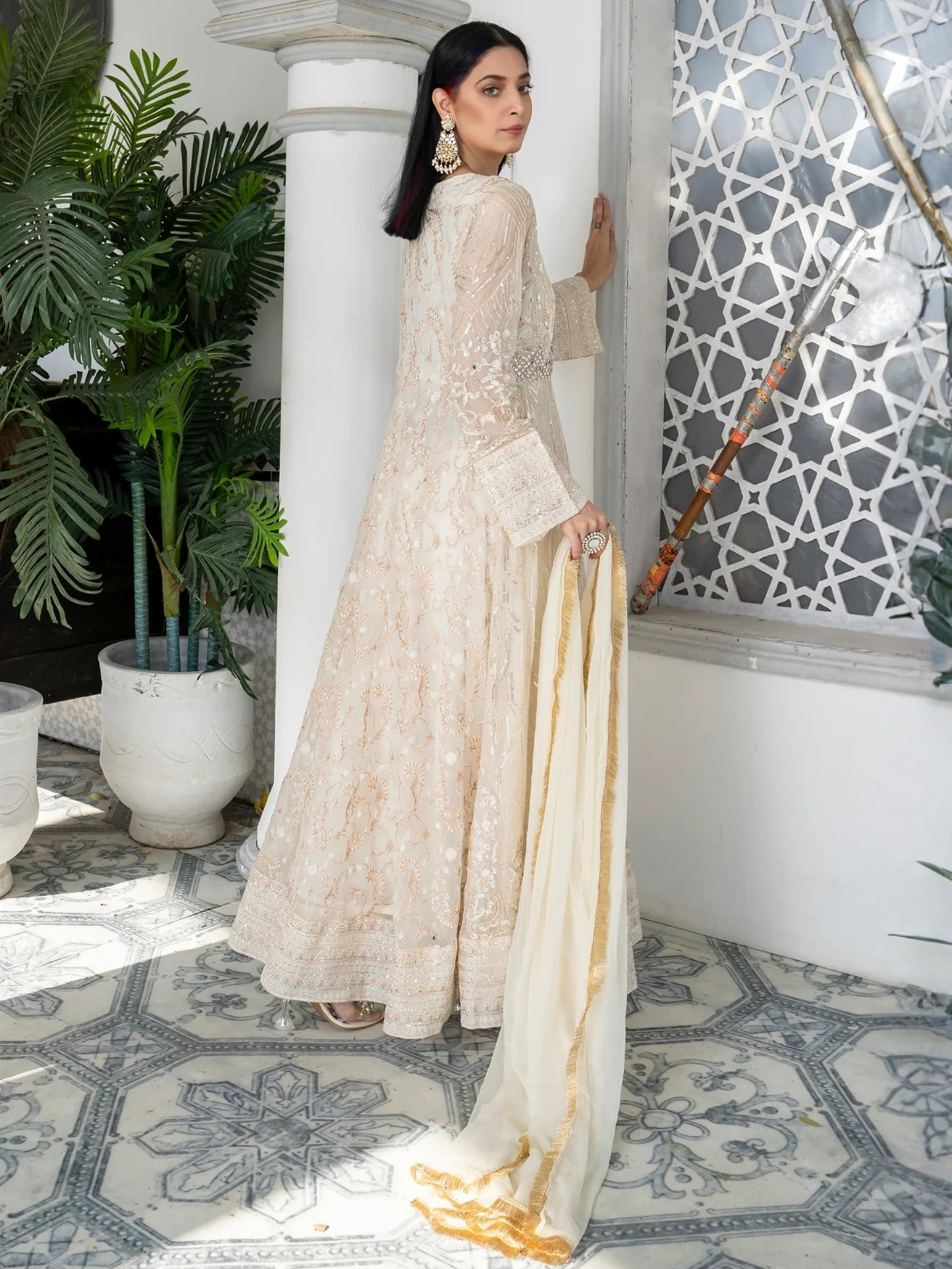 Manahil Arts Chiffon Embroidered Stitched 3-Piece Suit-Kurti 105-Off White