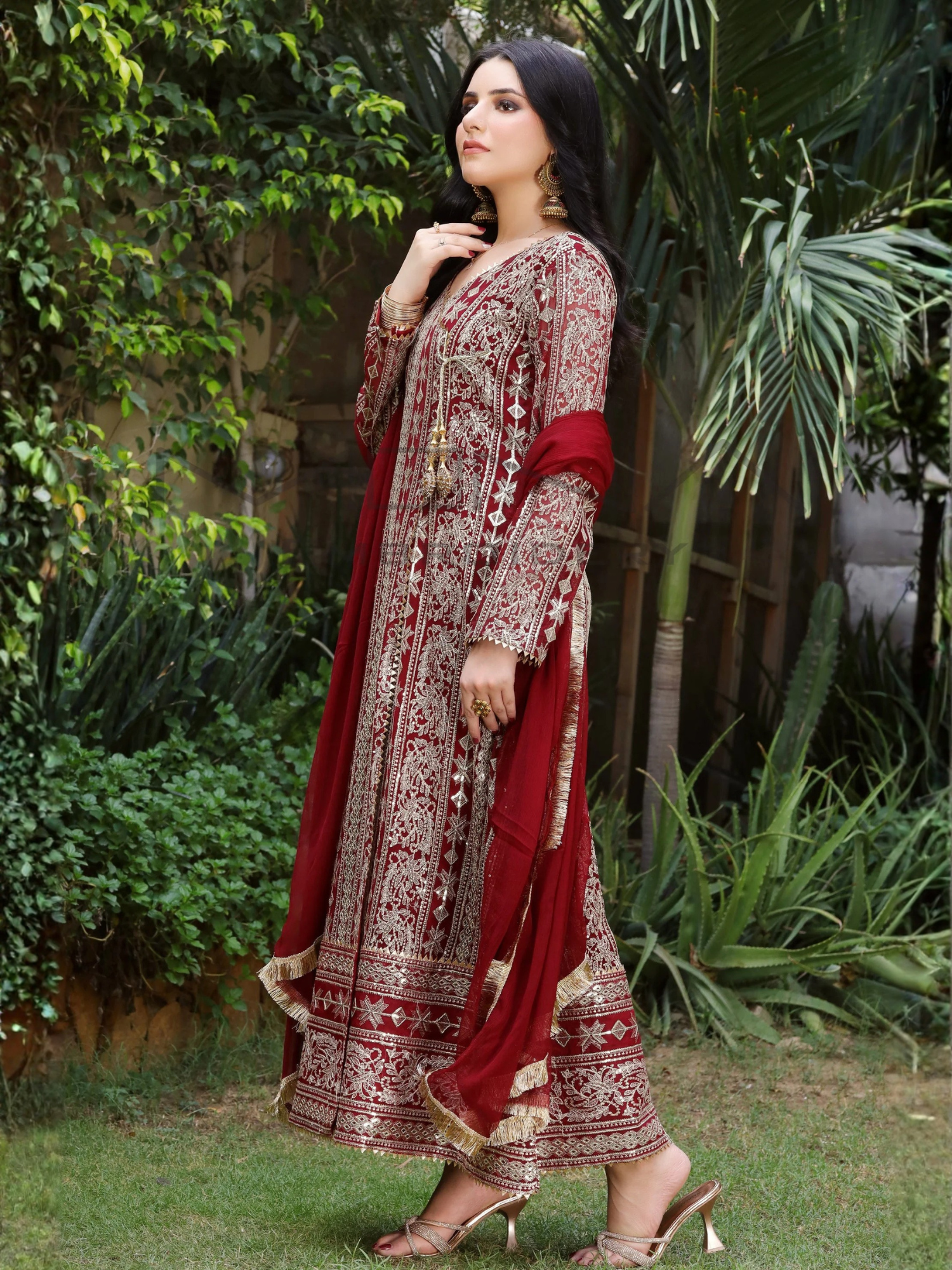 Maroon Manahil Arts Chiffon Embroidered Stitched 3-Piece Suit-Kurti 122-Maroon