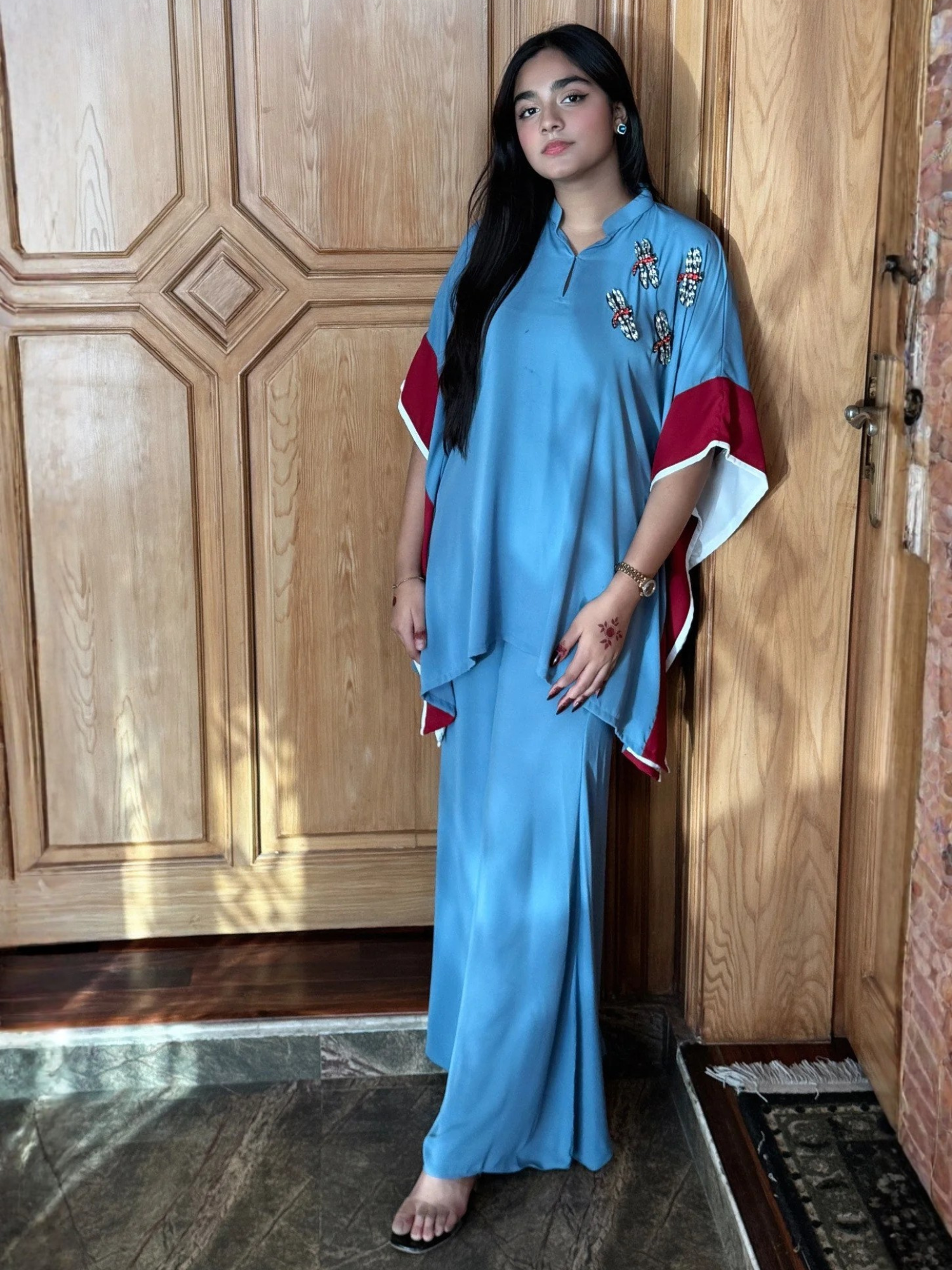 Blue Manahil Arts Crepe Georgette Co-Ord Set-Ice Blue Drape Set