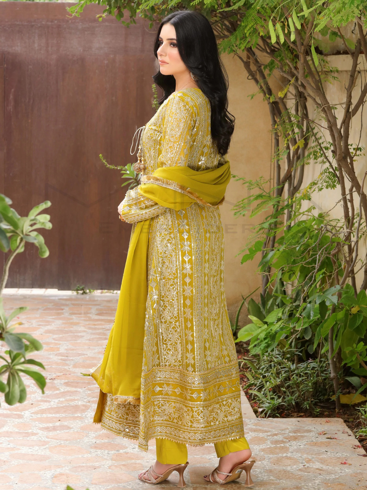 Manahil Arts Chiffon Embroidered Stitched 3-Piece Suit-Kurti 122-Divine-Mustard