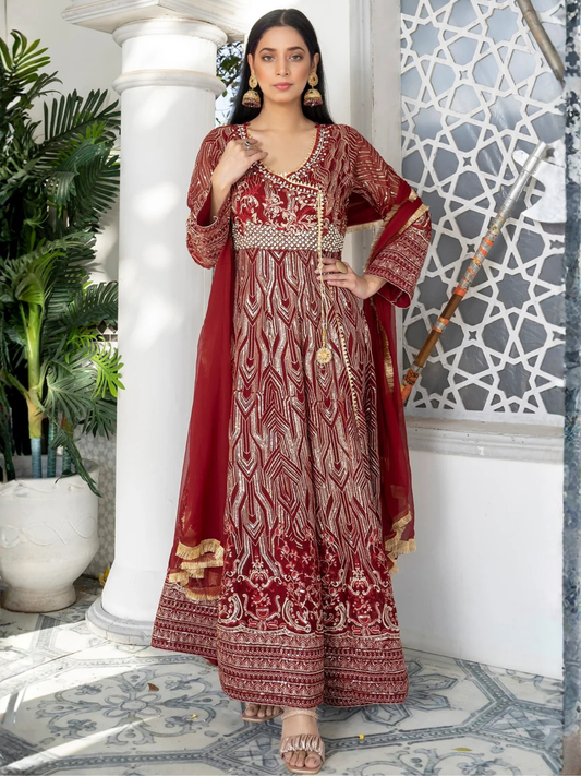 Maroon Manahil Arts Chiffon Embroidered Stitched 3-Piece Suit-Kurti 105-Maroon