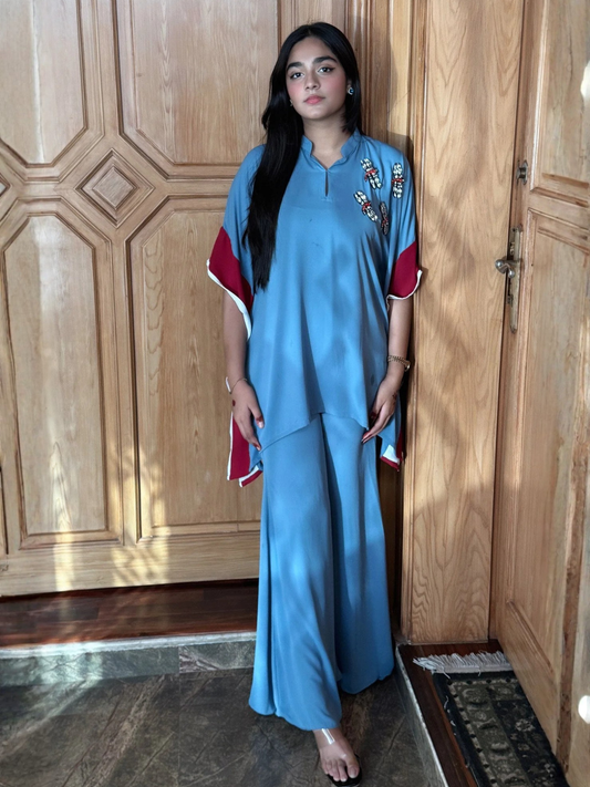 Blue Manahil Arts Crepe Georgette Co-Ord Set-Ice Blue Drape Set