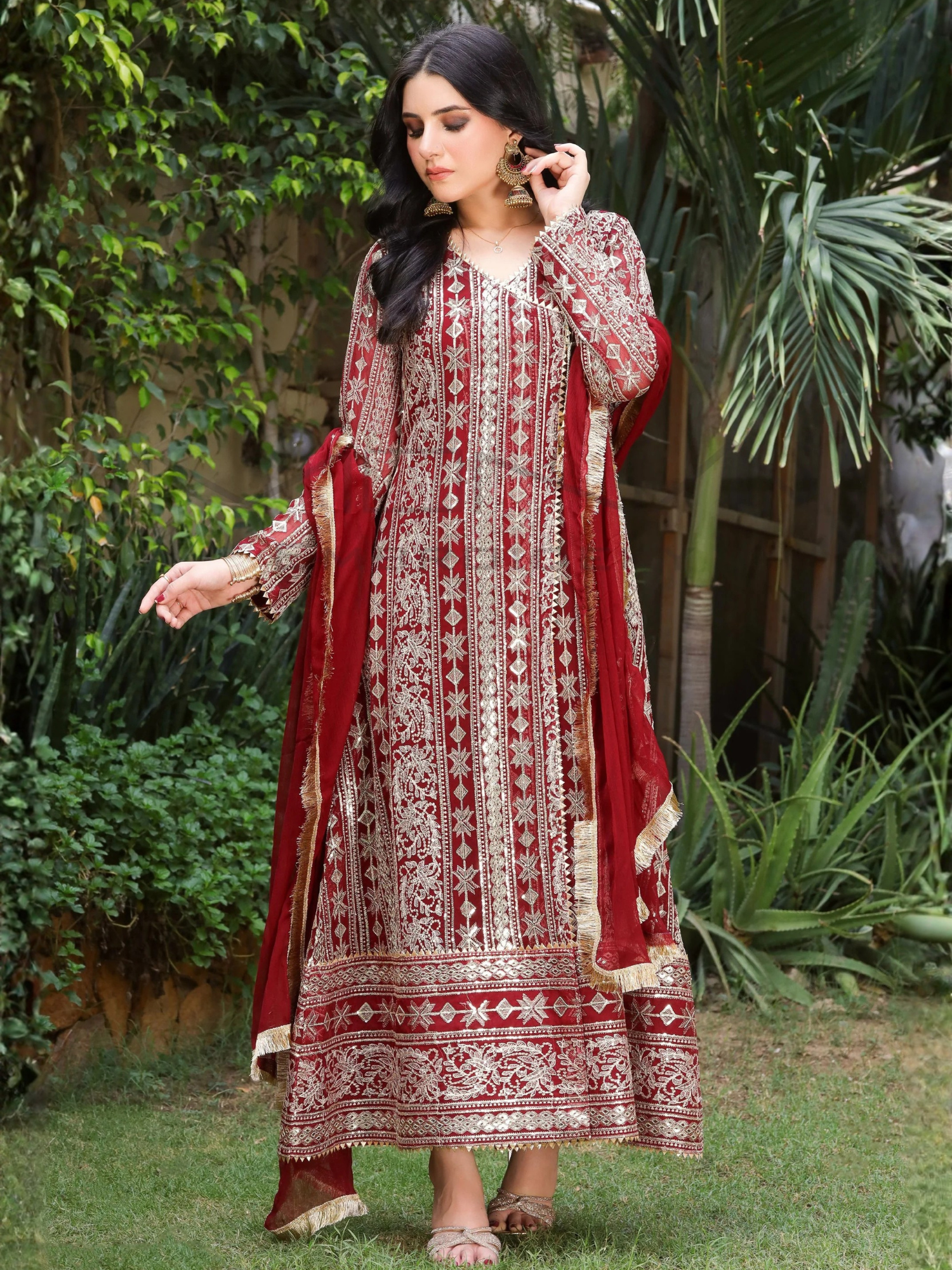 Maroon Manahil Arts Chiffon Embroidered Stitched 3-Piece Suit-Kurti 122-Maroon