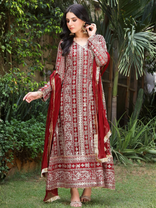 Maroon Manahil Arts Chiffon Embroidered Stitched 3-Piece Suit-Kurti 122-Maroon
