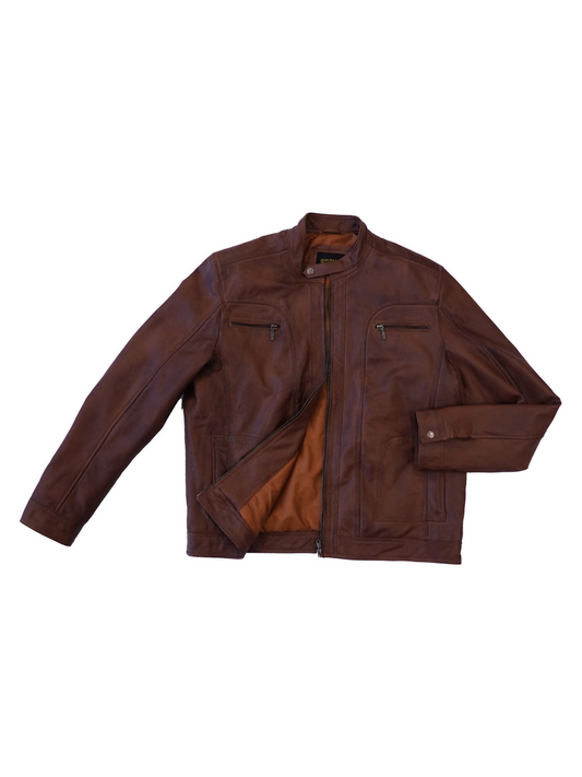 Brown full-grain sheep leather jacket with a sleek, tailored fit, offering timeless style and modern sophistication.