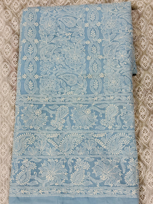 Fehm lawn shirt with fully embroidered Chikankari front, embroidered back with centre motif and booti, and embroidered sleeves with border and booti.