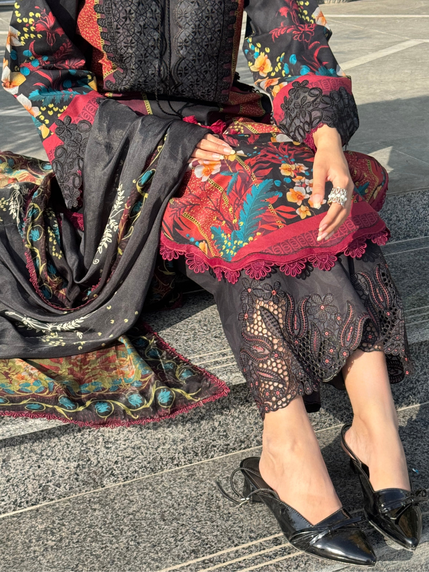 Black Sehrish Kanwal Festive Print'26 Lawn Embroidered Stitched 3-Piece Suit-Eshal