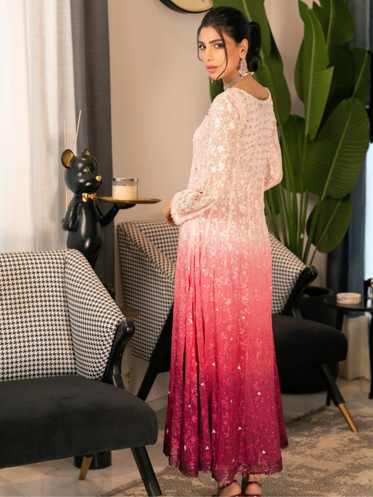 Pink Manahil Arts Chiffon Embellished Stitched 3-Piece Suit-Pink Aura