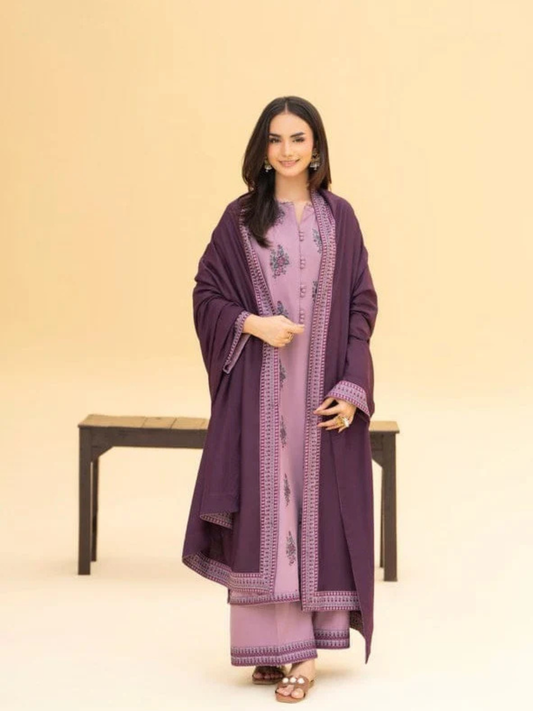 Purple Silai Libas Linen Embroidered Stitched 3-Piece Suit-Zaraq 