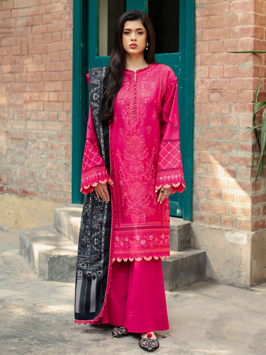 Three-piece embroidered kotrai suit with layered daman laces, printed wool shawl, and plain kotrai trouser.