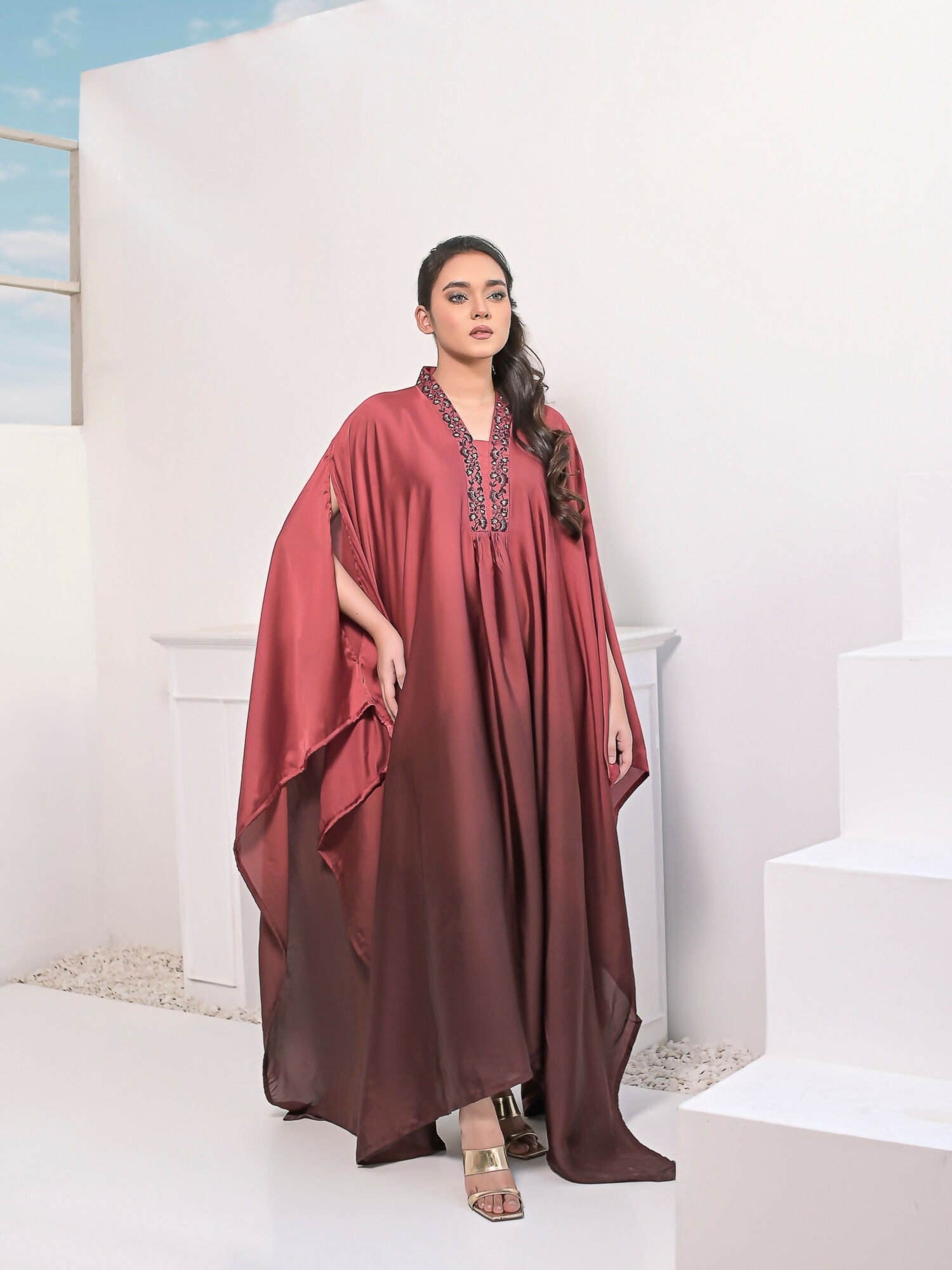 Ruby's Couture Haute & Chic Silk Embroidered Kaftan Set-Misty