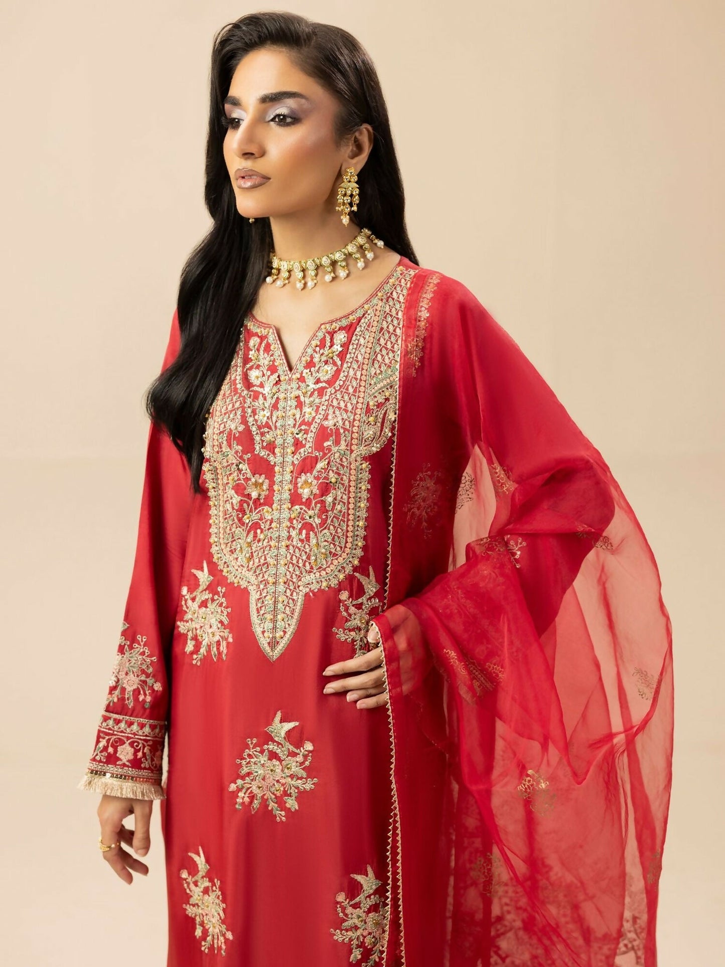 Shurooq Garden Of Dreams Silk Embellished Stitched 3-Piece Suit-Crimson