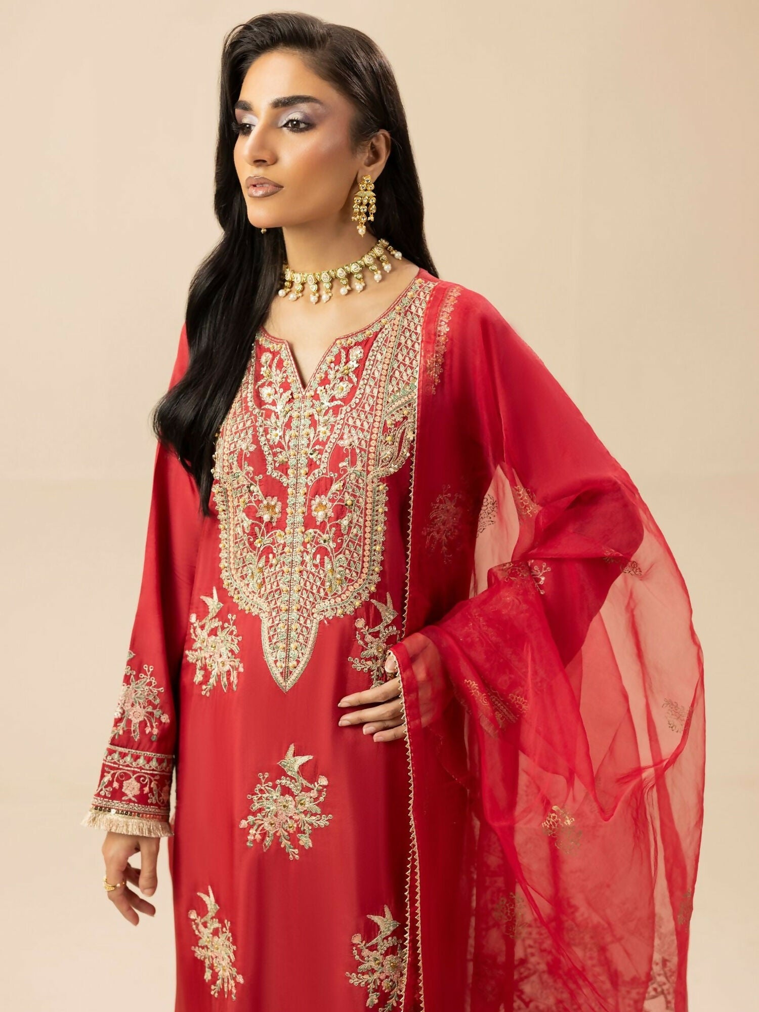 Shurooq Garden Of Dreams Silk Embellished Stitched 3-Piece Suit-Crimson