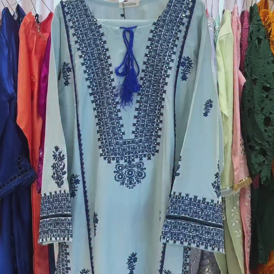 Savarna Blue Cotton Embroidered Stitched 2-Piece Suit