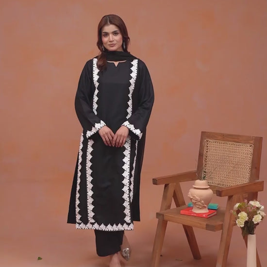 Tawakal Closet Dhanak Embroidered Stitched 3-Piece Suit-Blackish