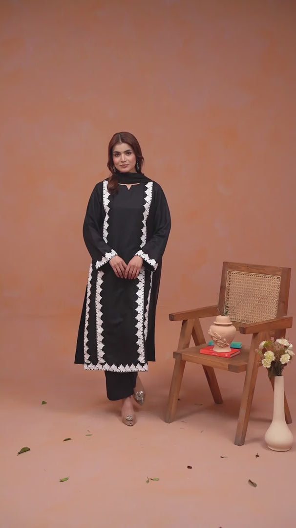 Tawakal Closet Dhanak Embroidered Stitched 3-Piece Suit-Blackish
