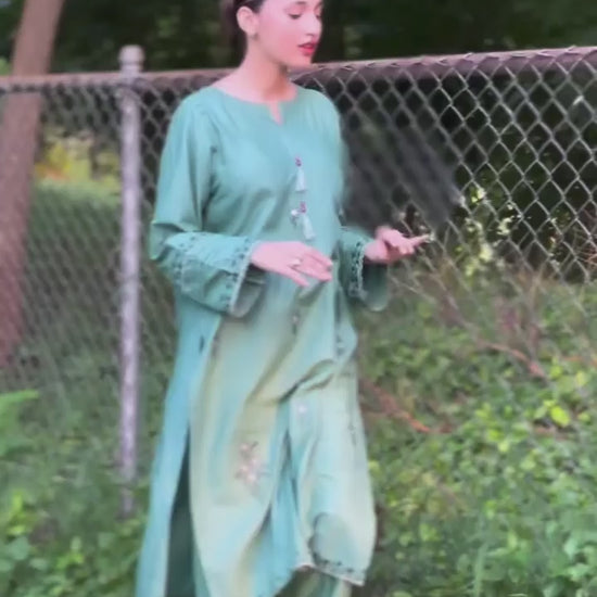 Green Silai Libas Linen Embroidered Stitched 2-Piece Suit-Noor-E-Sehar