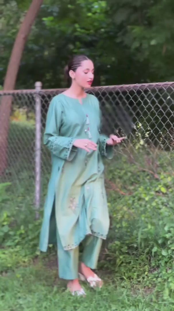 Green Silai Libas Linen Embroidered Stitched 2-Piece Suit-Noor-E-Sehar