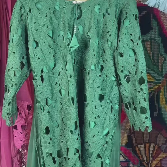 Green Savarna Cotton Net Stitched 3-Piece Silk Cutwork Sharara-Emerald Green