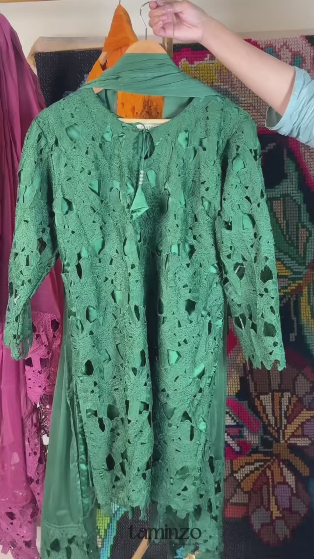 Green Savarna Cotton Net Stitched 3-Piece Silk Cutwork Sharara-Emerald Green