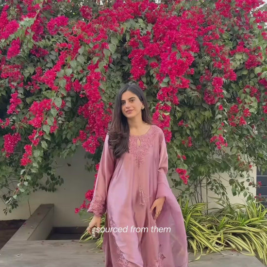Pink Savarna Silk Embroidered Stitched 3-Piece Suit-Pink