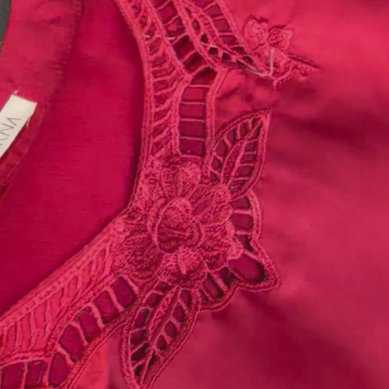 Red Savarna Silk Embroidered Stitched 3-Piece Suit-Maroon Red