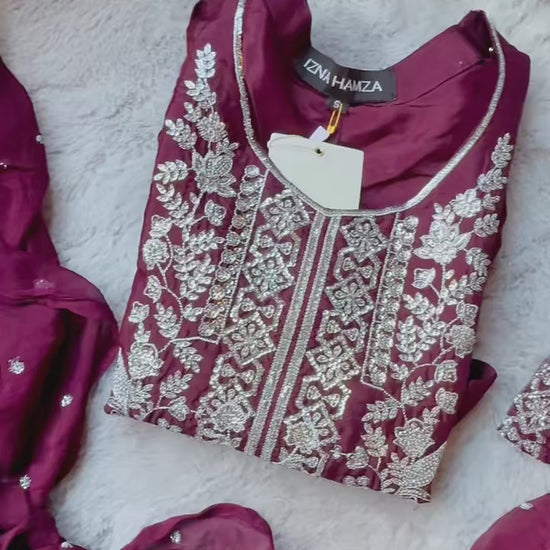 Allure By IH Be-My-Guest Thai Silk Embroidered Stitched 3-Piece Suit-Raisin