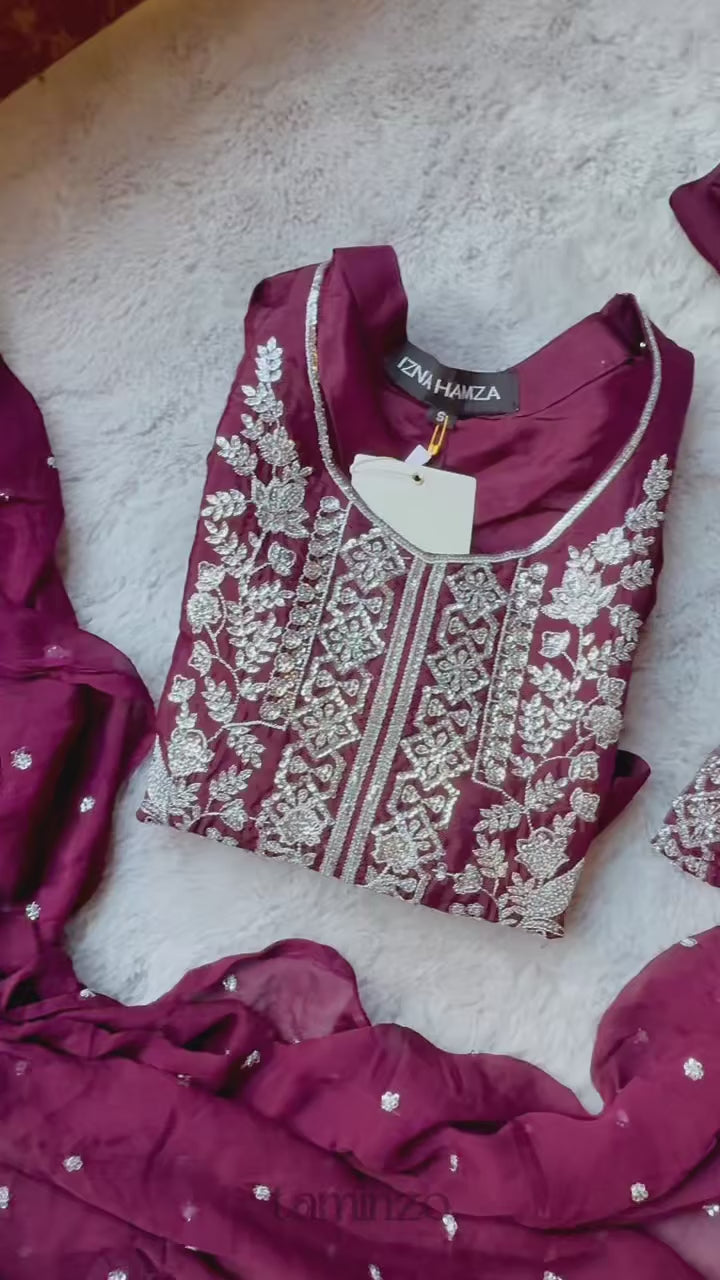 Allure By IH Be-My-Guest Thai Silk Embroidered Stitched 3-Piece Suit-Raisin