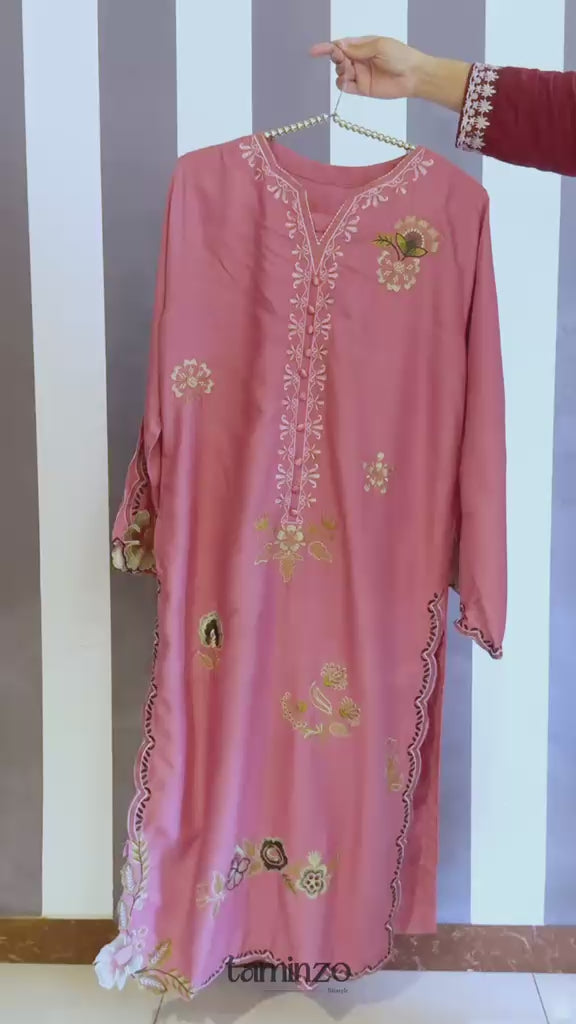 pink-Silai Libas Summer Linen Embroidered Stitched 2-Piece Suit-Bahaar