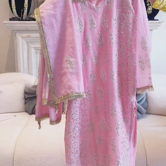 Pink White Savarna Khaadi Lawn Embroidered Stitched 3-Piece Suit-Pink