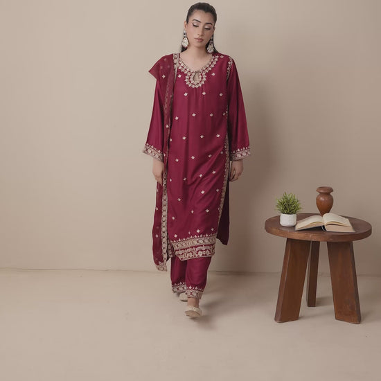 Maroon Stylish Collection Mahani Linen Embroidered Stitched 3-Piece Suit-Mushk