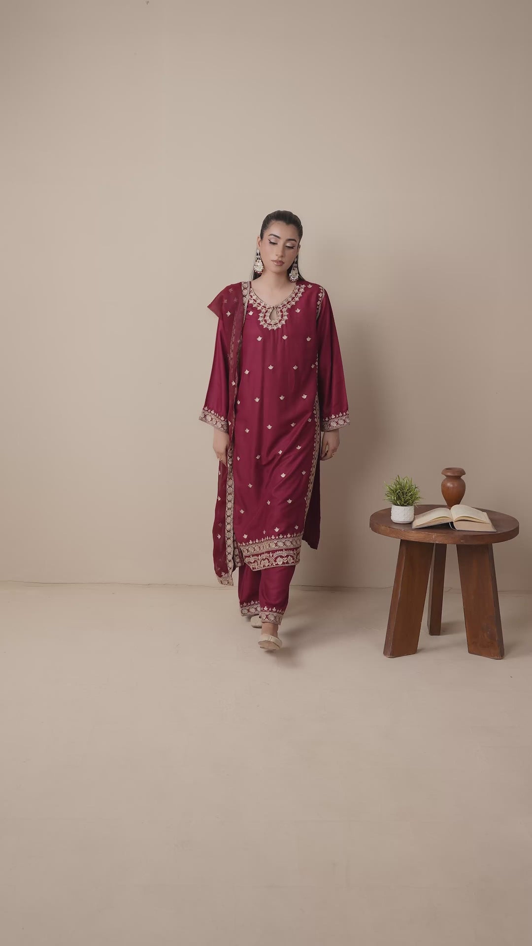 Maroon Stylish Collection Mahani Linen Embroidered Stitched 3-Piece Suit-Mushk